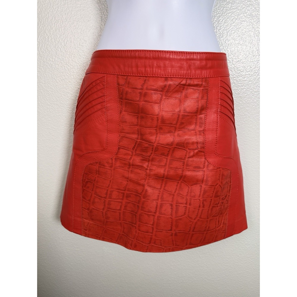 TheLure Premium Crocodile Embossed Leather Mini Skirt Orange Red Size 38 (US 4)